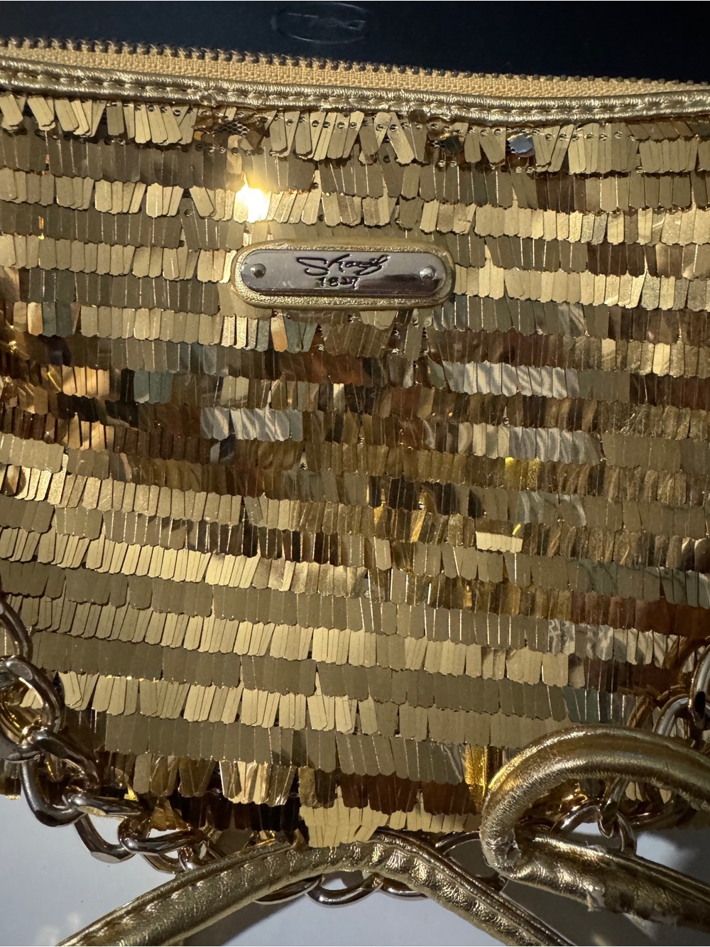 Sharif Gold Sequined Crossbody with Bronze Floral Accent gold clutch Y2K club - Picture 9 of 12